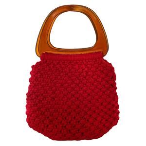 Vintage Red Crocheted Hobo Granny Bag with Amber Plastic Handles